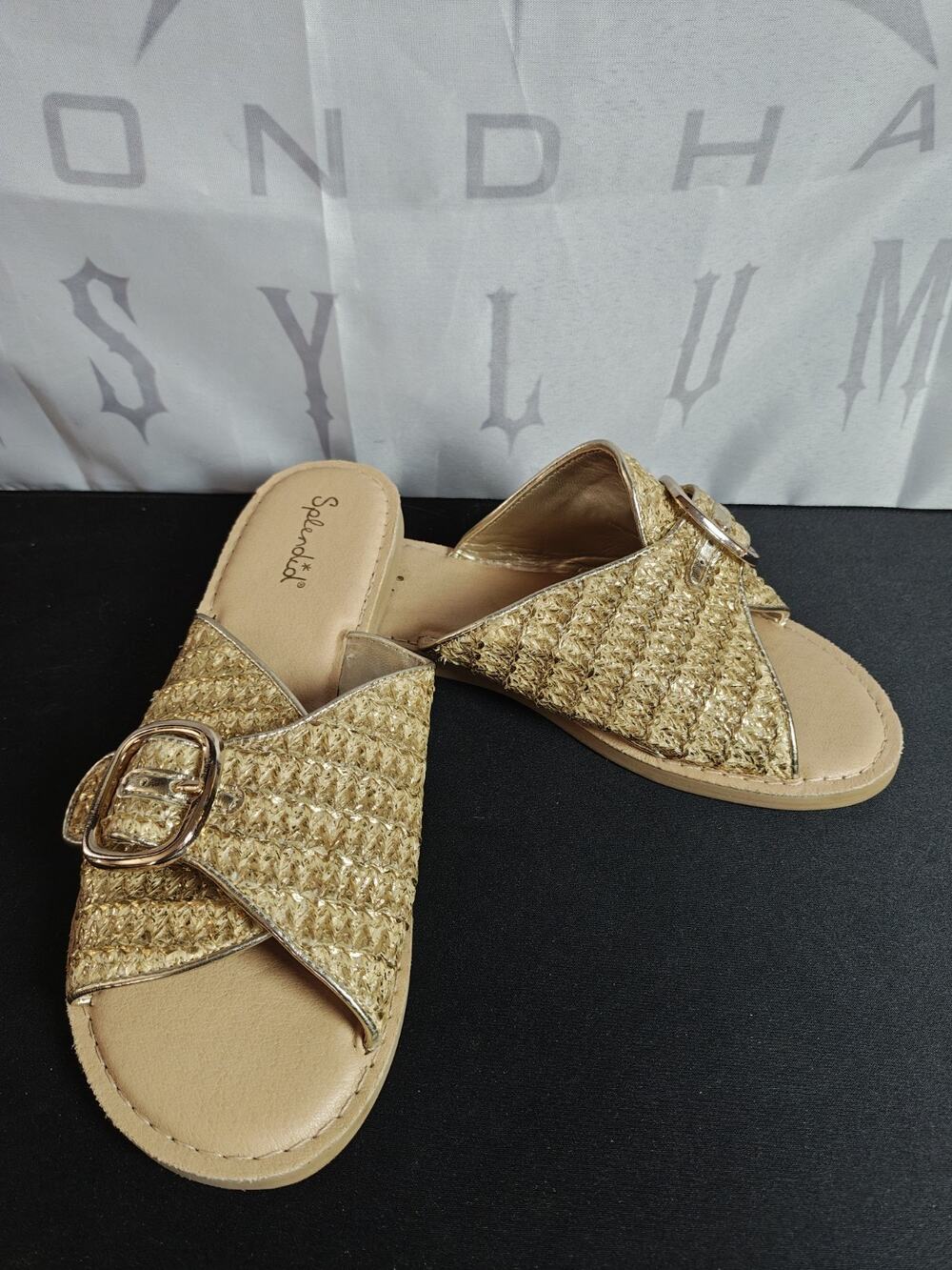 SPLENDID Women's 6.5 Sandy Raffia Metallic Gold Woven Buckle Slide Nwot